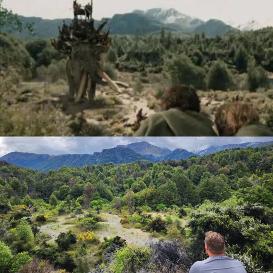 Top: A capture of Frodo and Sam watching the Oliphaunts in The Lord of the Rings: The Two Towers. Bottom: Bob's Cove Track filming location of the Oliphaunt sighting. 