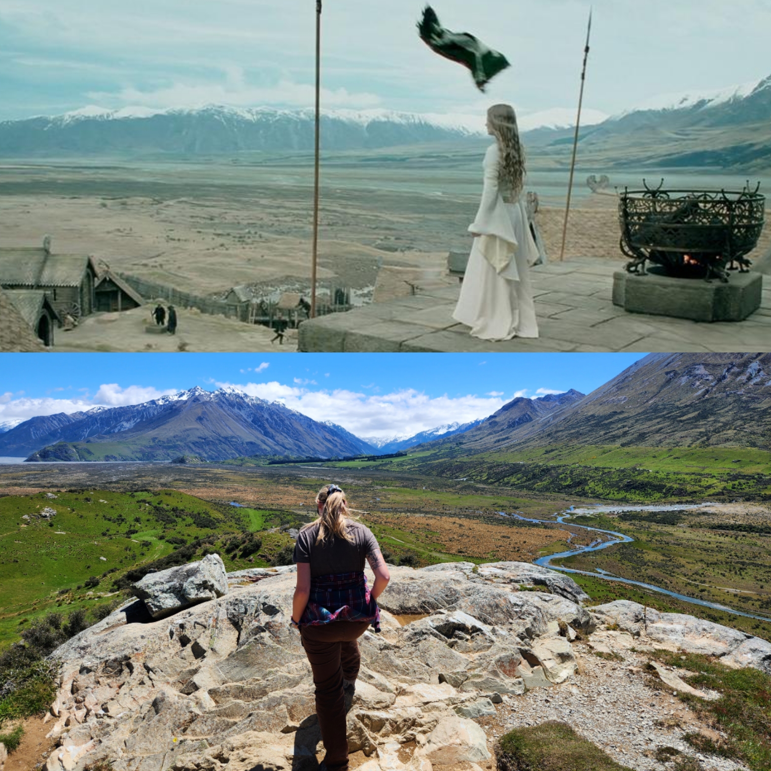 Top: Éowyn standing in Edoras, the capital of Rohan, in The Lord of the Rings: The Two Towers.       
Bottom: Summit of Mt. Sunday.
